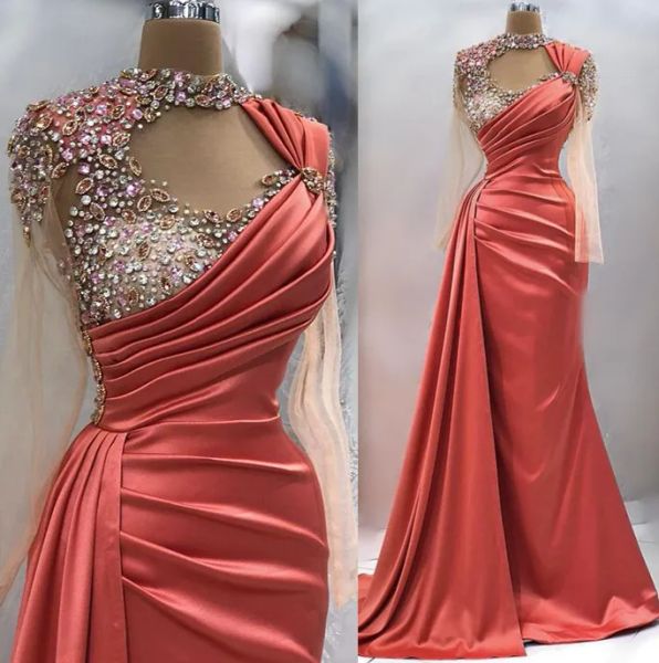 2023 coral evening dresses long sleeves luxury beaded mermaid high neck satin custom made floor length formal occasion wear arabic prom gown, Black;red
2023 coral evening dresses long sleeves luxury beaded mermaid high neck satin custom made floor length formal occasion wear arabic prom gown, Black;red