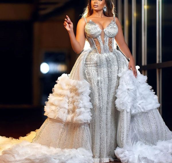 exquisite mermaid wedding dresses sleeveless v neck straps beaded sequins appliques detachable train plus size folds bridal gowns plus size, White
exquisite mermaid wedding dresses sleeveless v neck straps beaded sequins appliques detachable train plus size folds bridal gowns plus size, White