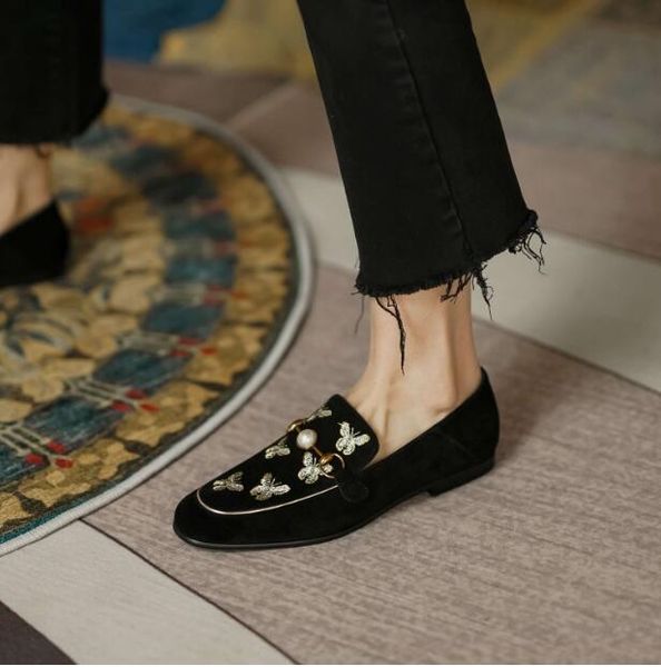 black embroidery loafers 2023 fashion flat heel lady lazy flats women casual shoes sheepskin boats