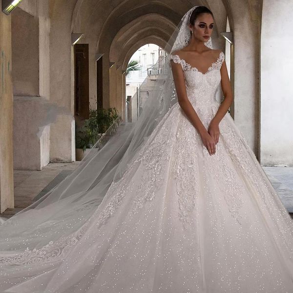 glitter ball gown wedding dresses sheer neck cap sleeve lace appliques church princess robe de mariee, White
glitter ball gown wedding dresses sheer neck cap sleeve lace appliques church princess robe de mariee, White