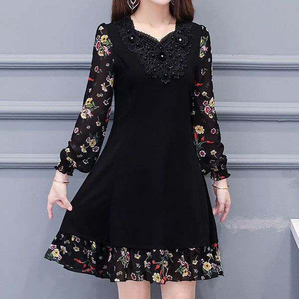 

casual dresses elegant fashion embroidery beading round neck dress spring summer vintage women's clothing printed spliced long sleeve d, Black;gray