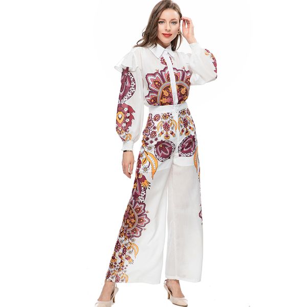 women's runway two piece pants long sleeves turn down collar ruffles printed shirt with pant fashion twinset sets, White
women's runway two piece pants long sleeves turn down collar ruffles printed shirt with pant fashion twinset sets, White