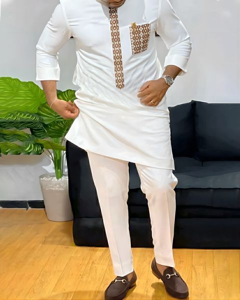 men's tracksuits summer kaftan 2piece embroidered suit crewneck pocket longsleeved shirt trousers wedding ethnic style casual clothing, Gray 
men's tracksuits summer kaftan 2piece embroidered suit crewneck pocket longsleeved shirt trousers wedding ethnic style casual clothing, Gray