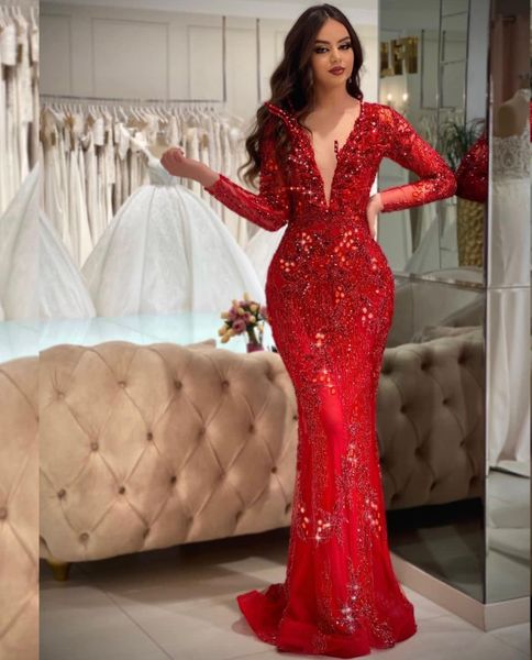 red mermaid prom dresses long sleeves v neck appliques sequins beaded floor length diamonds 3d lace sparkly zipper evening dress bridal gown, Black
red mermaid prom dresses long sleeves v neck appliques sequins beaded floor length diamonds 3d lace sparkly zipper evening dress bridal gown, Black