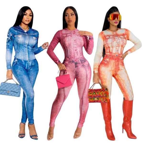 2023 women's two-piece pants denim print long-sleeved temperament commuting suit, White