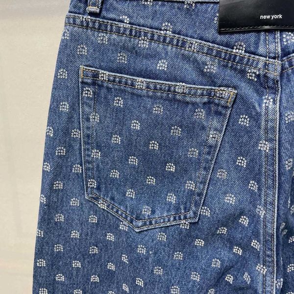 high edition 2023 autumn/winter new crystal a letter black straight leg pants mid waist diamond jeans for women, Blue 
high edition 2023 autumn/winter new crystal a letter black straight leg pants mid waist diamond jeans for women, Blue