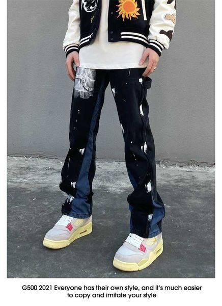 men's jeans design sense splash ink graffiti jeans high street vibe pants men's stitching straight loose black american long pants, Blue
men's jeans design sense splash ink graffiti jeans high street vibe pants men's stitching straight loose black american long pants, Blue
