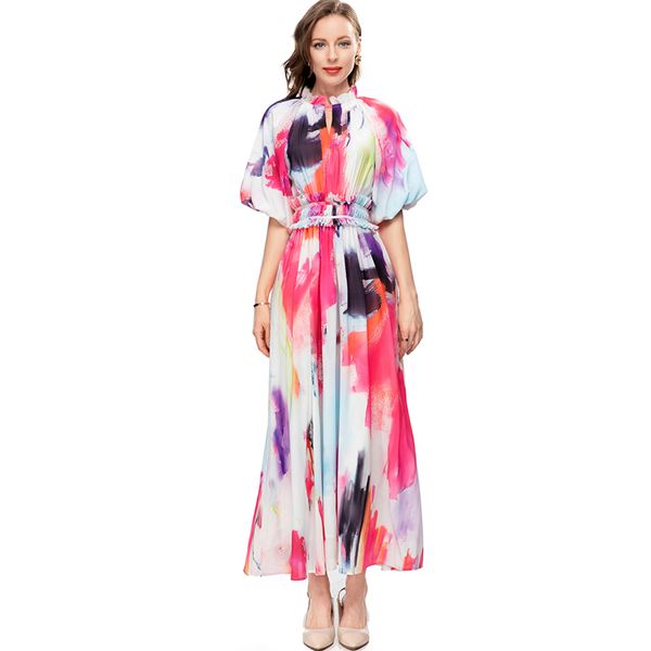 women's runway dresses stand collar short lantern sleeves printed elegant high street designer vestidos, Black
women's runway dresses stand collar short lantern sleeves printed elegant high street designer vestidos, Black