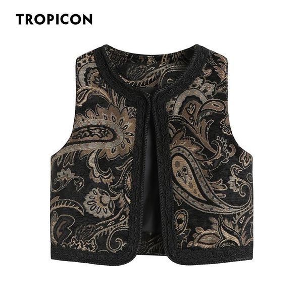 leather tropicon paisley vintage jacquard cropped vest brown sleeveless jacket for women 2021 waistcoat fashion coat autumn clothes, Black 
leather tropicon paisley vintage jacquard cropped vest brown sleeveless jacket for women 2021 waistcoat fashion coat autumn clothes, Black