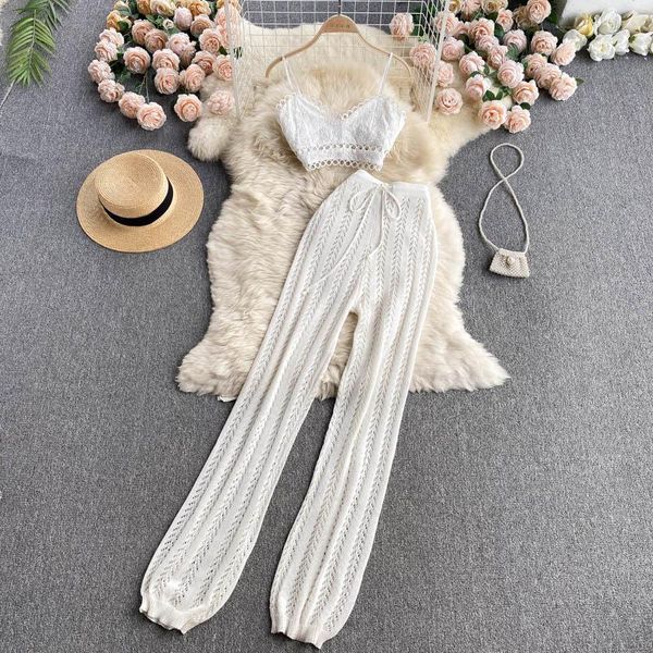 pants singreiny women summer design knitted set sleeveless v neck short strap +chic hollow wide leg long pants two piece suit, White
pants singreiny women summer design knitted set sleeveless v neck short strap +chic hollow wide leg long pants two piece suit, White