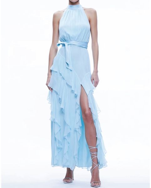 2023 summer women's dress long dress hanging neck style slim blue silk beach dress fairy ruffle edge, Black;gray
2023 summer women's dress long dress hanging neck style slim blue silk beach dress fairy ruffle edge, Black;gray