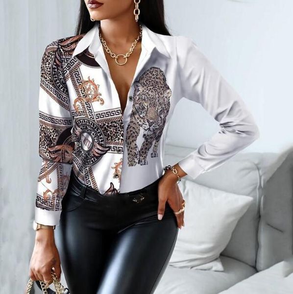 women fashion elegant office look work wear party shirt female weekend floral & chains print casual lapel neck blouse, White
women fashion elegant office look work wear party shirt female weekend floral & chains print casual lapel neck blouse, White