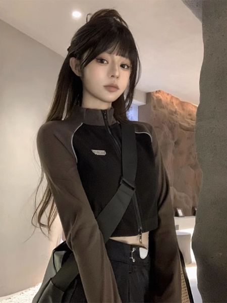 women's jackets y2k fashion casual contrast color cut half high collar women's jacket ultra thin zipper full matching long sleeve, Black;brown
women's jackets y2k fashion casual contrast color cut half high collar women's jacket ultra thin zipper full matching long sleeve, Black;brown