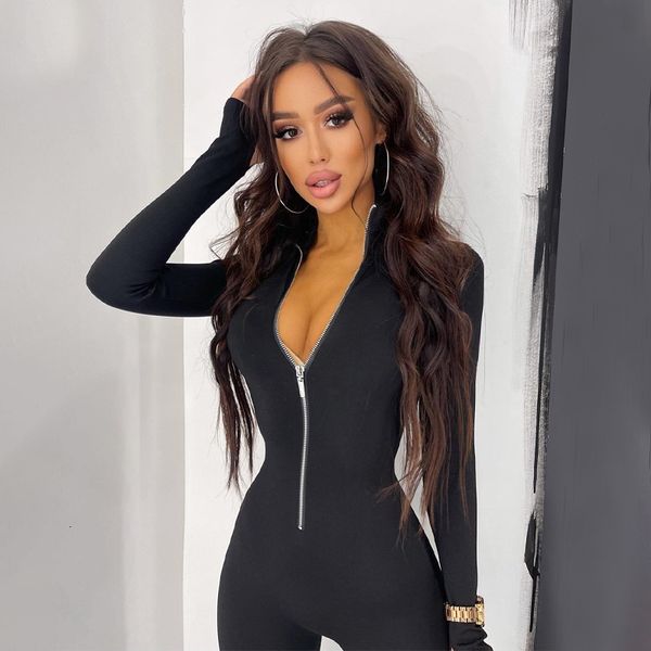 women's jumpsuits rompers solid long sleeved zippered jumpsuit tight and street clothing casual 230425, Black;white 
women's jumpsuits rompers solid long sleeved zippered jumpsuit tight and street clothing casual 230425, Black;white