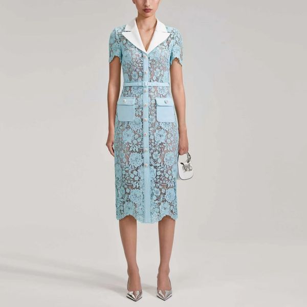fanncy dress lapel neck short sleeve lace hollow out gatered waist light blue mid dress, Black;gray
fanncy dress lapel neck short sleeve lace hollow out gatered waist light blue mid dress, Black;gray