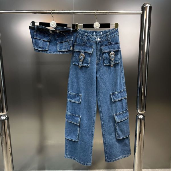 women's two piece pants prepomp 2023 sleeveless strapless camisole crop belt high waist blue denim cargo long jeans set women gh2 23042, White
women's two piece pants prepomp 2023 sleeveless strapless camisole crop belt high waist blue denim cargo long jeans set women gh2 23042, White