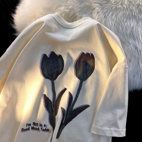 women's tshirt summer trendy brand tulip design sense niche men and women jacket korean version loose half sleeved y2k oversized t shir, White
women's tshirt summer trendy brand tulip design sense niche men and women jacket korean version loose half sleeved y2k oversized t shir, White