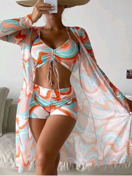 women's swimwear print bikini set three piece summer2023 fashion drawstring ruched swimsuit long sleeve beach wear 230425, White;black
women's swimwear print bikini set three piece summer2023 fashion drawstring ruched swimsuit long sleeve beach wear 230425, White;black