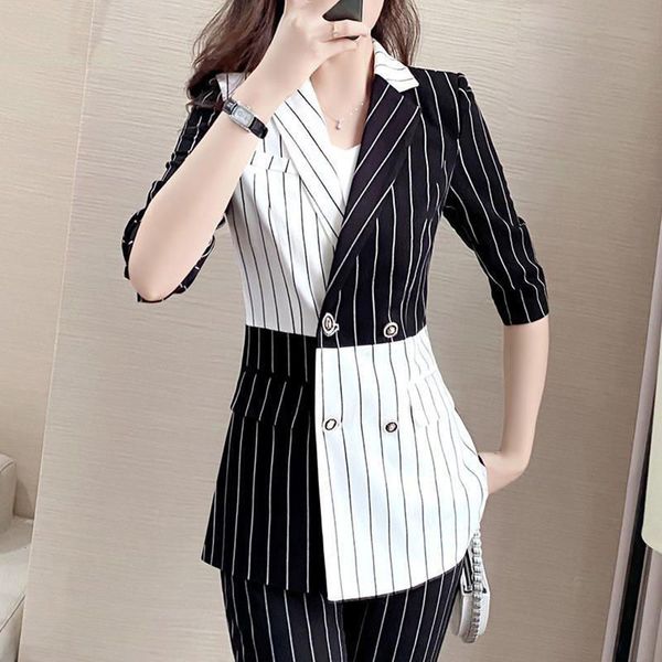 women's suits blazers fashion professional suit ladies black white stitching striped suit jacket slim straight trousers blazer business, White;black
women's suits blazers fashion professional suit ladies black white stitching striped suit jacket slim straight trousers blazer business, White;black