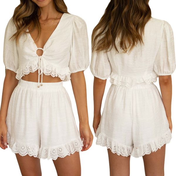 women's tracksuits summer fashion casual 2 piece outfits short sleeve vneck lace hem crop high waist shorts set streetwear 230425, Gray
women's tracksuits summer fashion casual 2 piece outfits short sleeve vneck lace hem crop high waist shorts set streetwear 230425, Gray