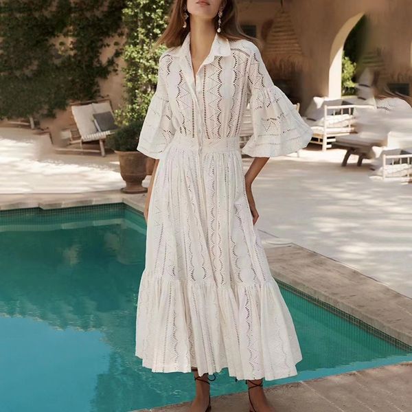 2023 hollow out dress french style style polo collar flare sleeve embroidery dress women's high waist long dress, Black;gray
2023 hollow out dress french style style polo collar flare sleeve embroidery dress women's high waist long dress, Black;gray