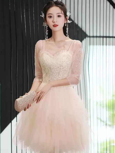short prom dress champagne party gowns sweethert three quarter sleeves tulle with beading, Black
short prom dress champagne party gowns sweethert three quarter sleeves tulle with beading, Black