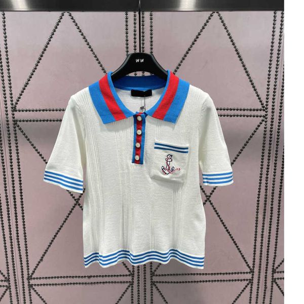 23ss womens knits womens designer clothing matching color lapel striped bump color embroidery short sleeve knitted womens clothes a1, White
23ss womens knits womens designer clothing matching color lapel striped bump color embroidery short sleeve knitted womens clothes a1, White