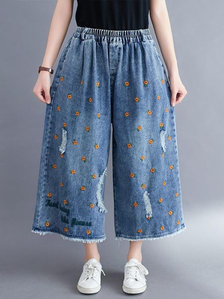 jeans spring summer women fashion clothing elastic waist ankle length jeans floral embroidery vintage hole wide leg baggy denim pants, Blue
jeans spring summer women fashion clothing elastic waist ankle length jeans floral embroidery vintage hole wide leg baggy denim pants, Blue