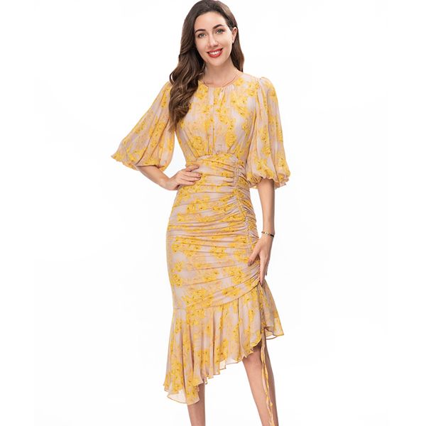 women's runway dresses o neck short lantern sleeves printed ruffles asymmetrical ruched fashion sheath vestidos, Black
women's runway dresses o neck short lantern sleeves printed ruffles asymmetrical ruched fashion sheath vestidos, Black
