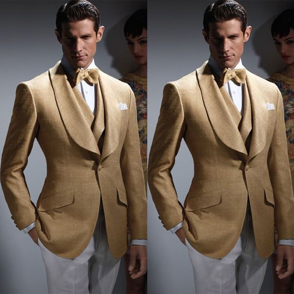 2023 brown men suits slim fit two pieces shawl lapel business formal tuxedo professional grooms wedding dress suit costume homme white pants, Black;gray 
2023 brown men suits slim fit two pieces shawl lapel business formal tuxedo professional grooms wedding dress suit costume homme white pants, Black;gray