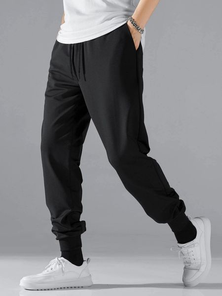 men's pants men drawstring waist slant pocket sweatpants 230426, Black