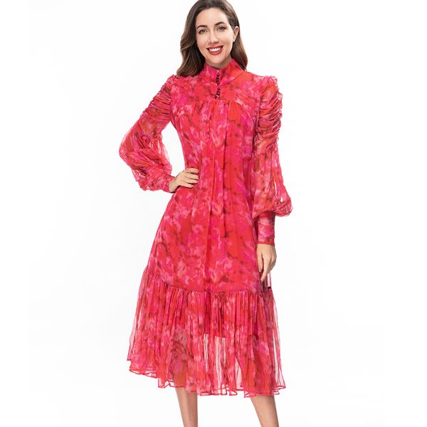 women's runway dresses stand collar long lantern sleeves printed ruffles fashion designer mid calf vestidos, Black
women's runway dresses stand collar long lantern sleeves printed ruffles fashion designer mid calf vestidos, Black