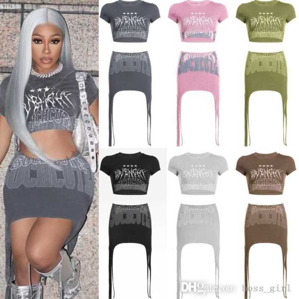 designer dress women two piece outfits summer letter print round neck exposed navel short sleeve irregular half skirt set, Black;gray
designer dress women two piece outfits summer letter print round neck exposed navel short sleeve irregular half skirt set, Black;gray