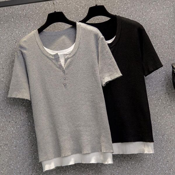 t-shirt plus size fake twopieces tshirts women 2022 summer short sleeve knitted tshirt ice silk button female clothing, Black
t-shirt plus size fake twopieces tshirts women 2022 summer short sleeve knitted tshirt ice silk button female clothing, Black