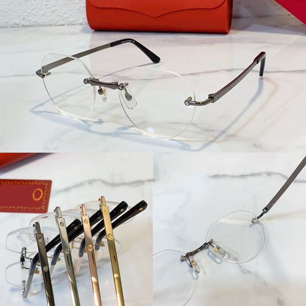 Luxury mens designer high-quality oval frameless metal optical frame eyewear metal mirror leg screw studs transparent reading eyeglasses business mens CT0408O
Luxury mens designer high-quality oval frameless metal optical frame eyewear metal mirror leg screw studs transparent reading eyeglasses business mens CT0408O