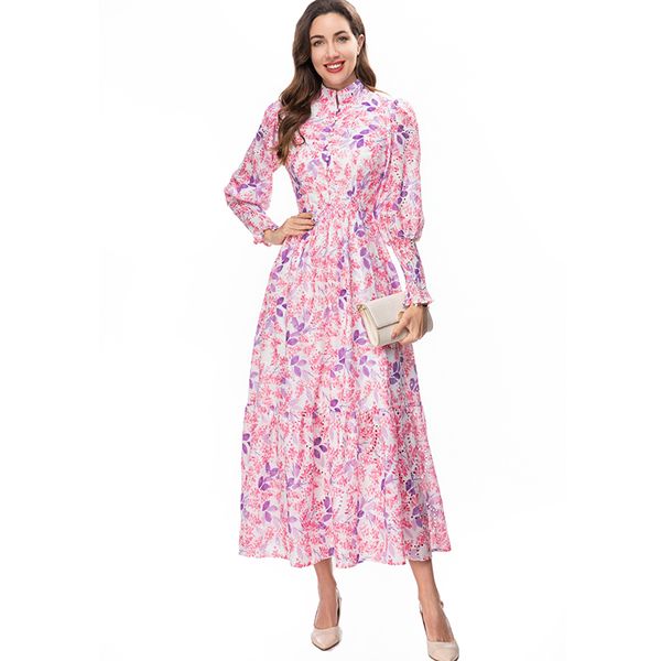 women's runway dresses stand collar long sleeves floral printed single breasted bodice fashion designer vestidos, Black
women's runway dresses stand collar long sleeves floral printed single breasted bodice fashion designer vestidos, Black