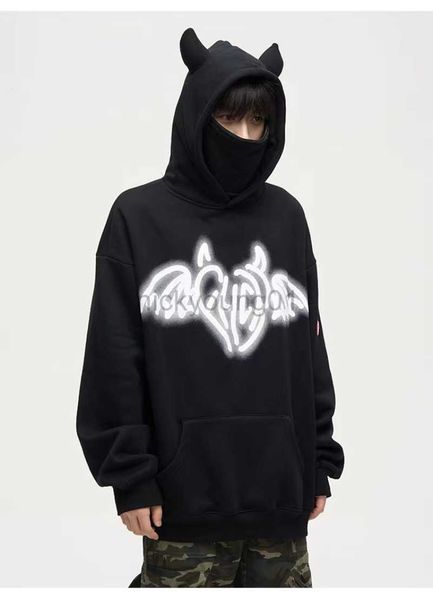 men's hoodies sweatshirts y2k 2023 new hoodie harajuku american little devil ninja high neck men and women ins high street vibe design, Black