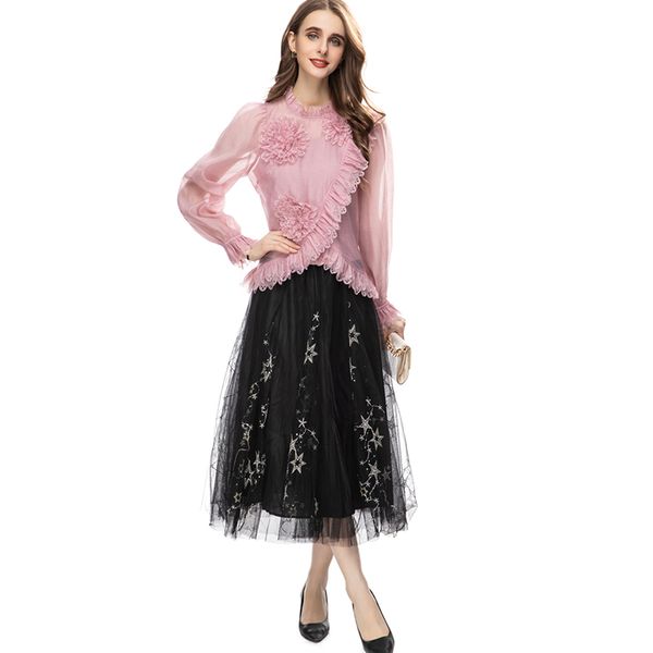 women's runway two piece dress o neck long sleeves appliques ruffles blouse with layered skirt twinset sets, White
women's runway two piece dress o neck long sleeves appliques ruffles blouse with layered skirt twinset sets, White