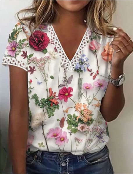 women's t-shirt summer lace splicing v neck t-shirt female elegant print sweet style short sleeve daily women's pullover loose ca, White
women's t-shirt summer lace splicing v neck t-shirt female elegant print sweet style short sleeve daily women's pullover loose ca, White