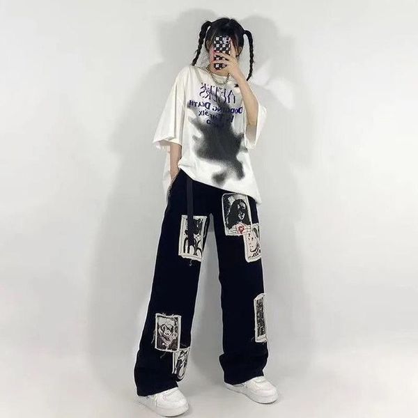 jeans american street grunge punk patchwork black jeans women's hip hop street print oversized wide leg pants retro fashion in the 90s, Blue
jeans american street grunge punk patchwork black jeans women's hip hop street print oversized wide leg pants retro fashion in the 90s, Blue