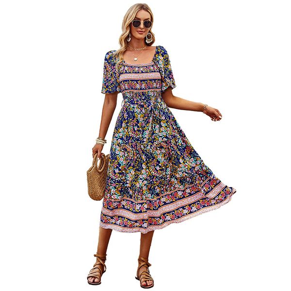 square puff short sleeves a-line midi casual dress viscose sashes slim high waist floral printed panelled ruffles sweep bohemian frenchy sty, Black;gray 
square puff short sleeves a-line midi casual dress viscose sashes slim high waist floral printed panelled ruffles sweep bohemian frenchy sty, Black;gray