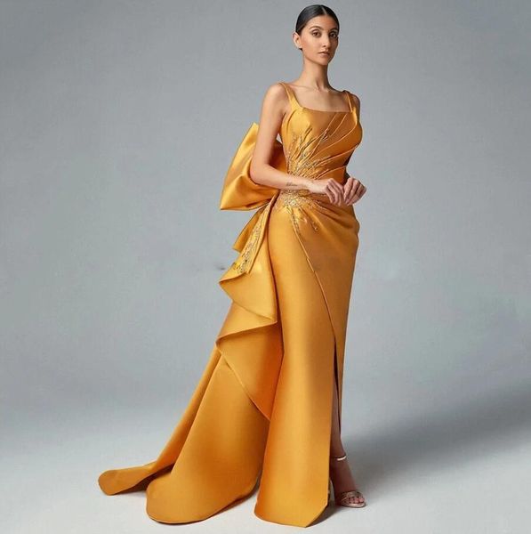square neck overskirt mermaid prom dresses gold satin pleats backless big bow celebrity evening gown vestido de novia gala, Black
square neck overskirt mermaid prom dresses gold satin pleats backless big bow celebrity evening gown vestido de novia gala, Black