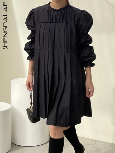 dresses shengpalae fashion edible tree fungus draped solid color dress women's autumn 2022 new stand neck loose puff sleeve mini dresse, Black;gray