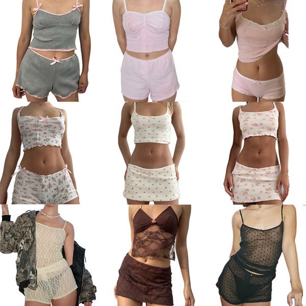two piece dress 90s vintage fairycore 2 set chic women retro lace trim crop camis mini skirt shorts y2k sweet girl milkmaid pajama 230425, White 
two piece dress 90s vintage fairycore 2 set chic women retro lace trim crop camis mini skirt shorts y2k sweet girl milkmaid pajama 230425, White