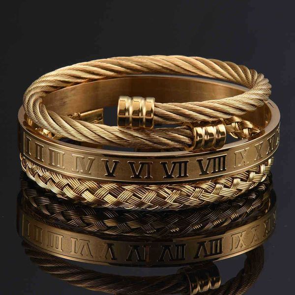 roman bracelet 3 pieces/set men's digital bracelet handmade stainless steel twine buckle open bracelet luxury jewelry1000a, Golden;silver
roman bracelet 3 pieces/set men's digital bracelet handmade stainless steel twine buckle open bracelet luxury jewelry1000a, Golden;silver