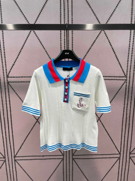 23ss womens knits womens designer clothing matching color lapel striped bump color embroidery short sleeve knitted womens clothes, White
23ss womens knits womens designer clothing matching color lapel striped bump color embroidery short sleeve knitted womens clothes, White