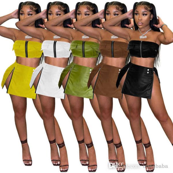2023 women 2 piece dress solid color crop pu leather zipper belt slit two piece skirt set outfits women's sets, White
2023 women 2 piece dress solid color crop pu leather zipper belt slit two piece skirt set outfits women's sets, White