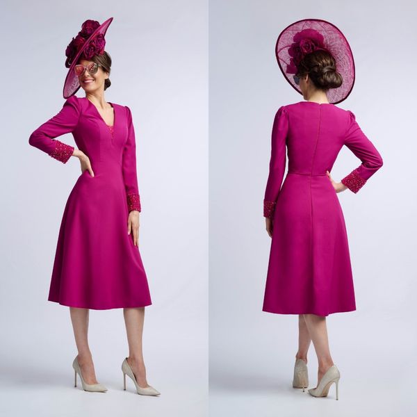 fuchsia fashion mother of the bride dresses v neck tea length long sleeve prom gown for special occasions beaded vestidos formal dress, Black;red
fuchsia fashion mother of the bride dresses v neck tea length long sleeve prom gown for special occasions beaded vestidos formal dress, Black;red