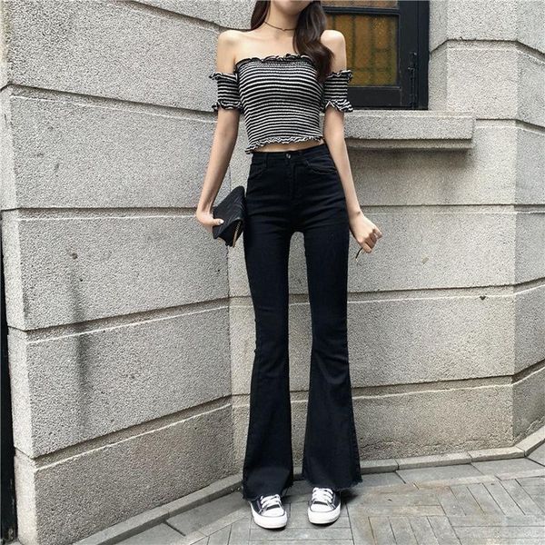 capris women's spring summer high waist flare jeans streetwear stretchable skinny trumpet denim pants lady slim micro flare jeans, Black;white
capris women's spring summer high waist flare jeans streetwear stretchable skinny trumpet denim pants lady slim micro flare jeans, Black;white