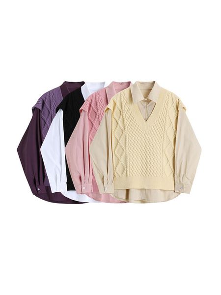 shirts women loose office lady 2 pieces outfit vneck sleeveless classic knit vest+lapel long sleeve oversize blouses simple clothes, White
shirts women loose office lady 2 pieces outfit vneck sleeveless classic knit vest+lapel long sleeve oversize blouses simple clothes, White